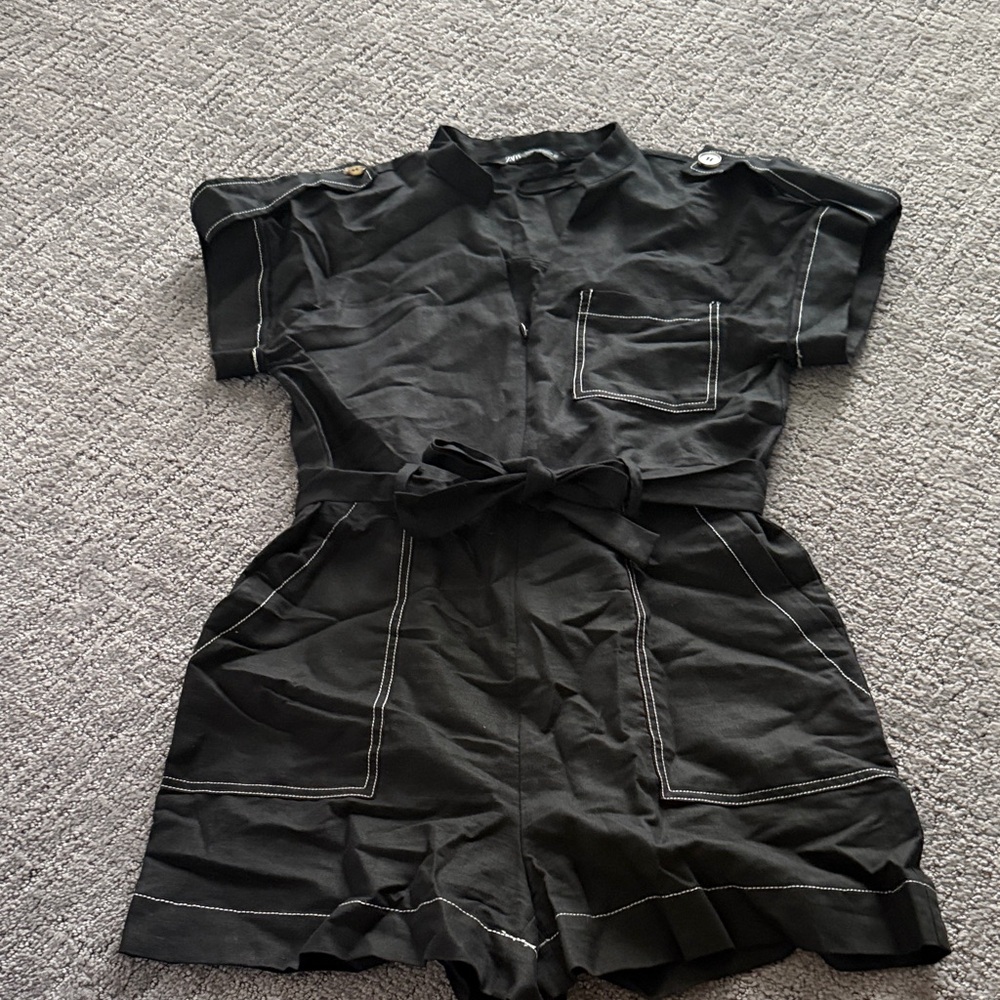 Black Short Sleeve Utility Romper with Contrast Stitching